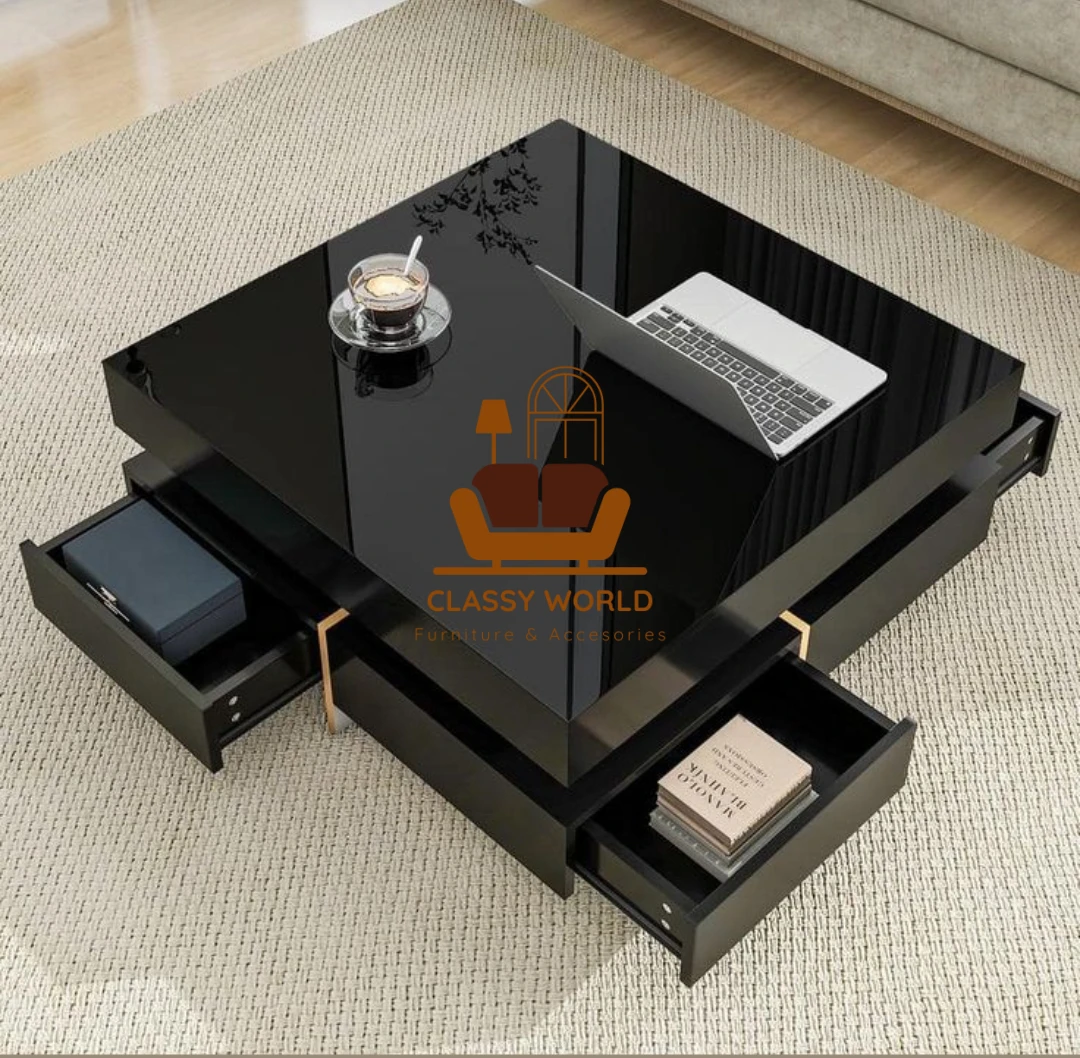 Black Square Coffee Table with 4 Drawers